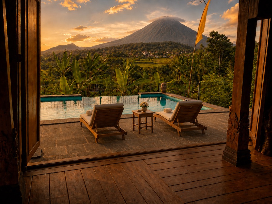 Sunset view from the wooden villa toward the pool, paddy fields, and Gunung Agung