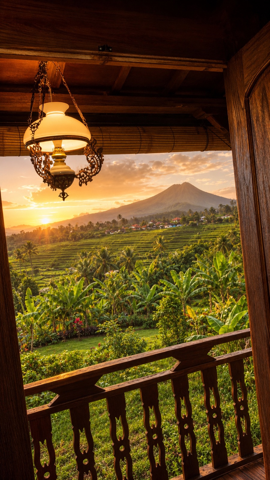 Gunung Agung and rice fields seen from a wooden balcony at Villa Hola Agung