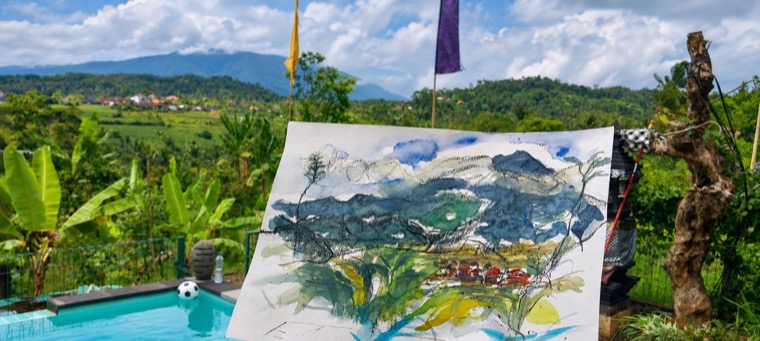 Watercolour study of the Karangasem landscape beside the pool at Villa Hola Agung