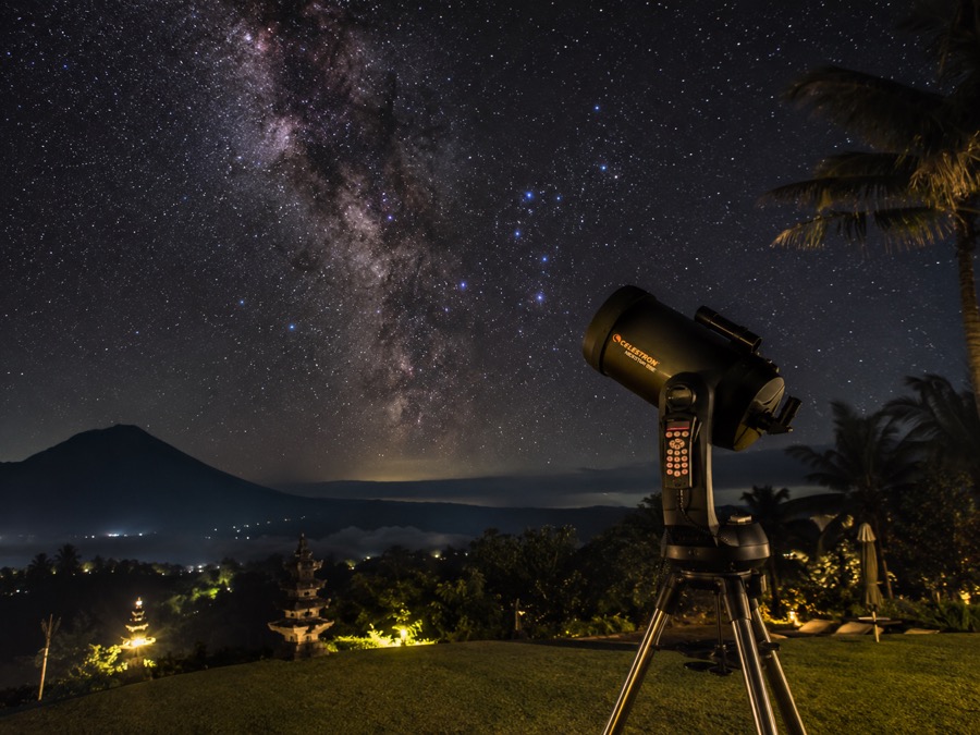Celestron telescope under a starry East Bali night sky near Villa Hola Agung