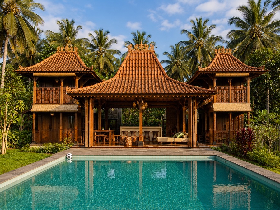 Pool terrace, tropical garden, and wooden villa exterior